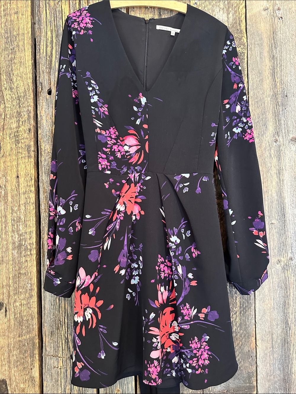 Rachel Rachel Roy Black Floral Long Sleeve Fit & Flare Dress Size 12